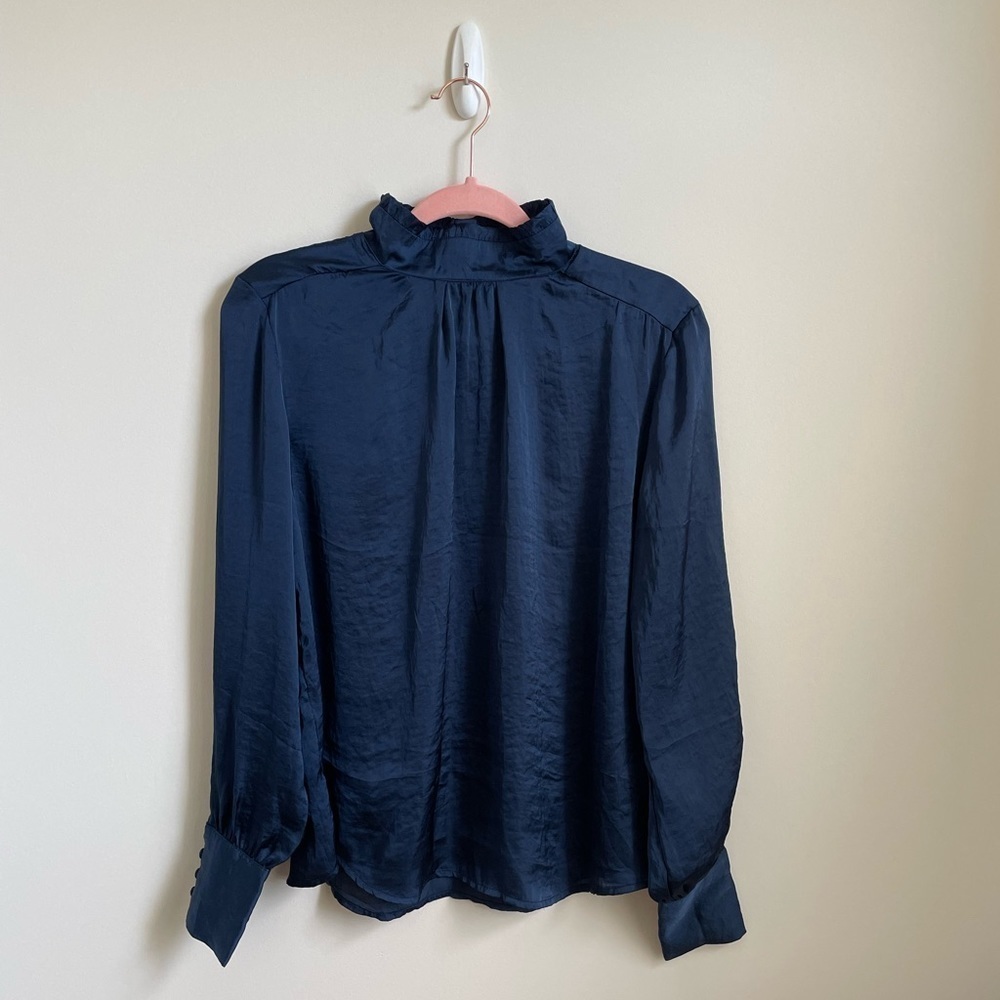 Navy Mockneck Satin Blouse with Button Detailing
